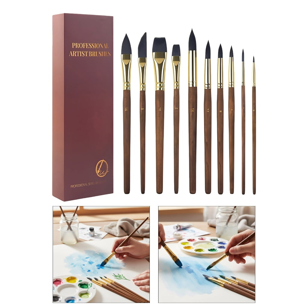 10Pcs Wooden Handle Watercolor Brush Synthetic Bristles Paint Brushes for Artist