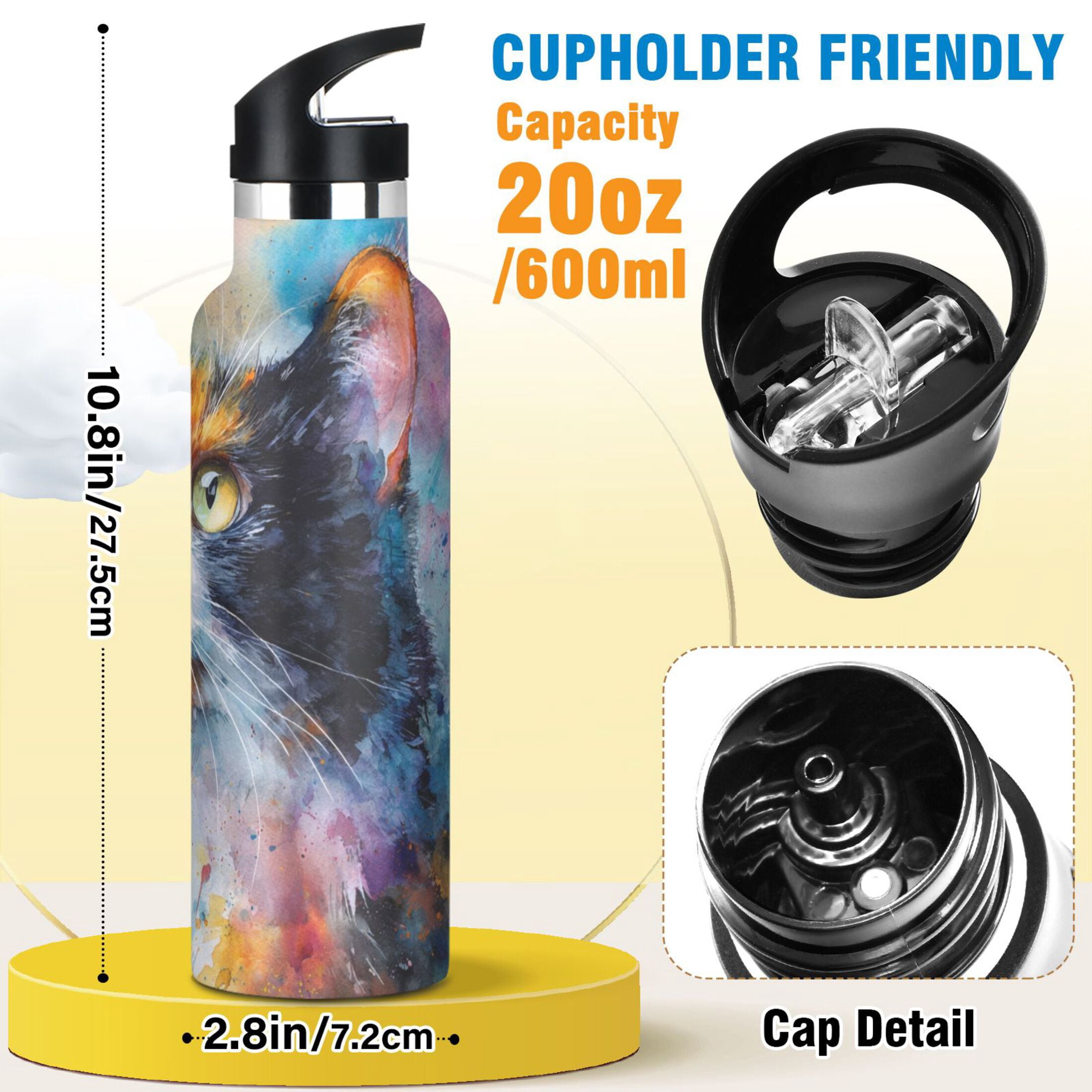 Kids Insulated Stainless Steel Sports Water Bottle 600ml (20oz) Watercolor Calico Cat