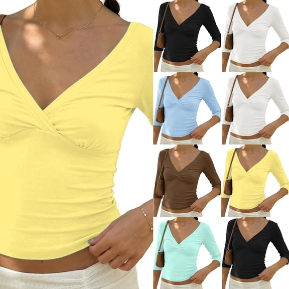 Women 90s Vintage 3/4 Long Sleeve Wrap V Neck Crop Tshirt Tops Slim Fit Open Back Y2k Girls Summer Going Out Tee Yellow M