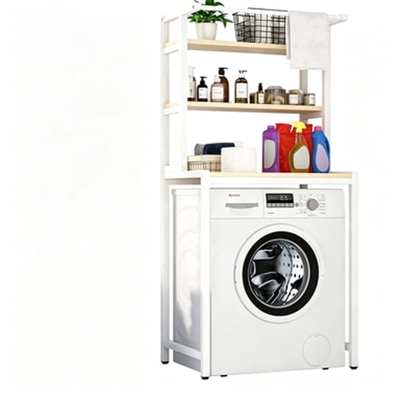 LCNDKF Over The Washer Storage Shelf, 3 Tier Wooden Bathroom Organizer with Towel Bar, White, 1 Pack