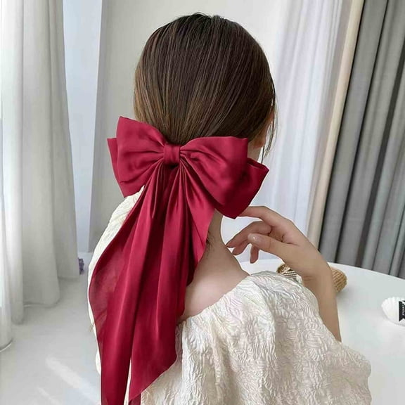 Tuscom Women's Satin Hair Bow Clip - Long Tail Tassel Ribbon Hair Accessory, 8 Inch Large Bow with Metal Clip for Women, Gift for Christmas/Birthday