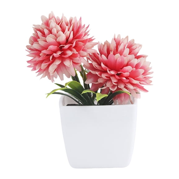 1 Pc Fake Plant Small Artificial Green Plant Faux Flowers with Vase Fake Daisy Bouquet in Square White Plastic Vase Flowers for Table Decoration Farmhouse Floral Arrangement, 1.97x4.72 Inch, Pink