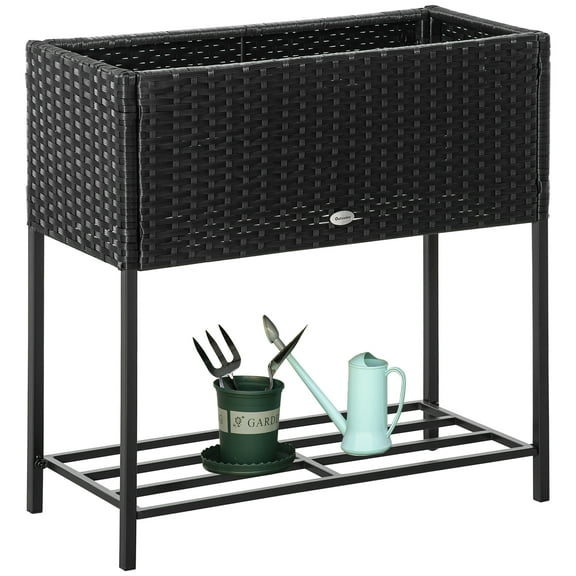 PE Rattan Wicker Raised Flower & Vegetable Planter, Rack Shelf Box