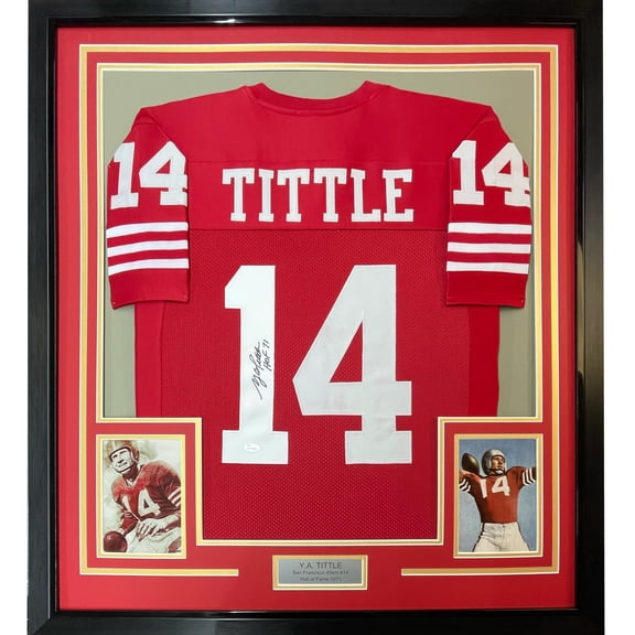 Framed Autographed/Signed YA Y.A. Tittle HOF 71 35x39 San Francisco Red Football Jersey JSA COA