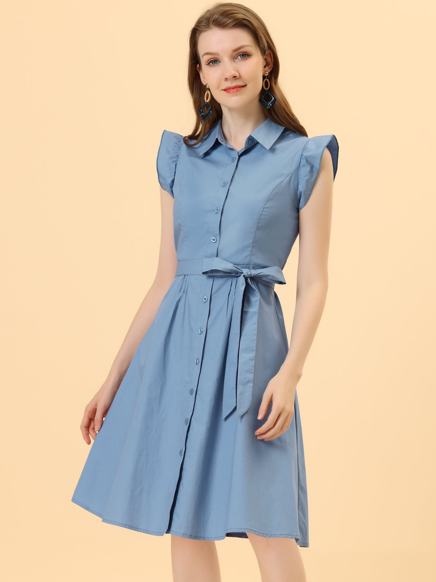 DARING DIVA Ruffled Sleeve Button Down Belted Knee Length Shirt Dress L Dusty Blue