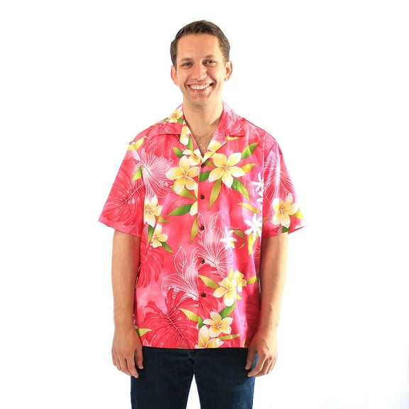 Made in Hawaii Men's Hawaiian Shirt Aloha Shirt in Palms and Plumeria in Pink L