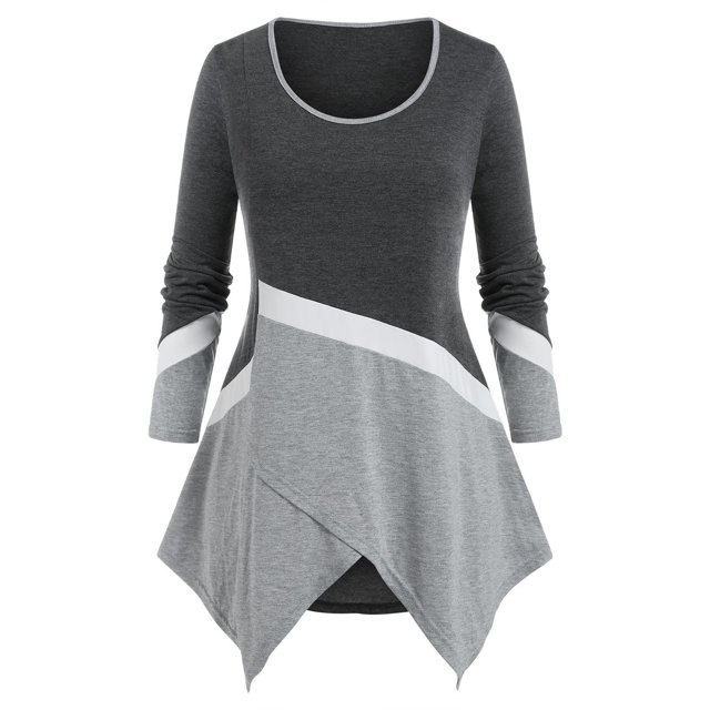 Camiseta Asimétrica Color Bloque Tamaño Plus Rosegal Mangas largas de talla grande