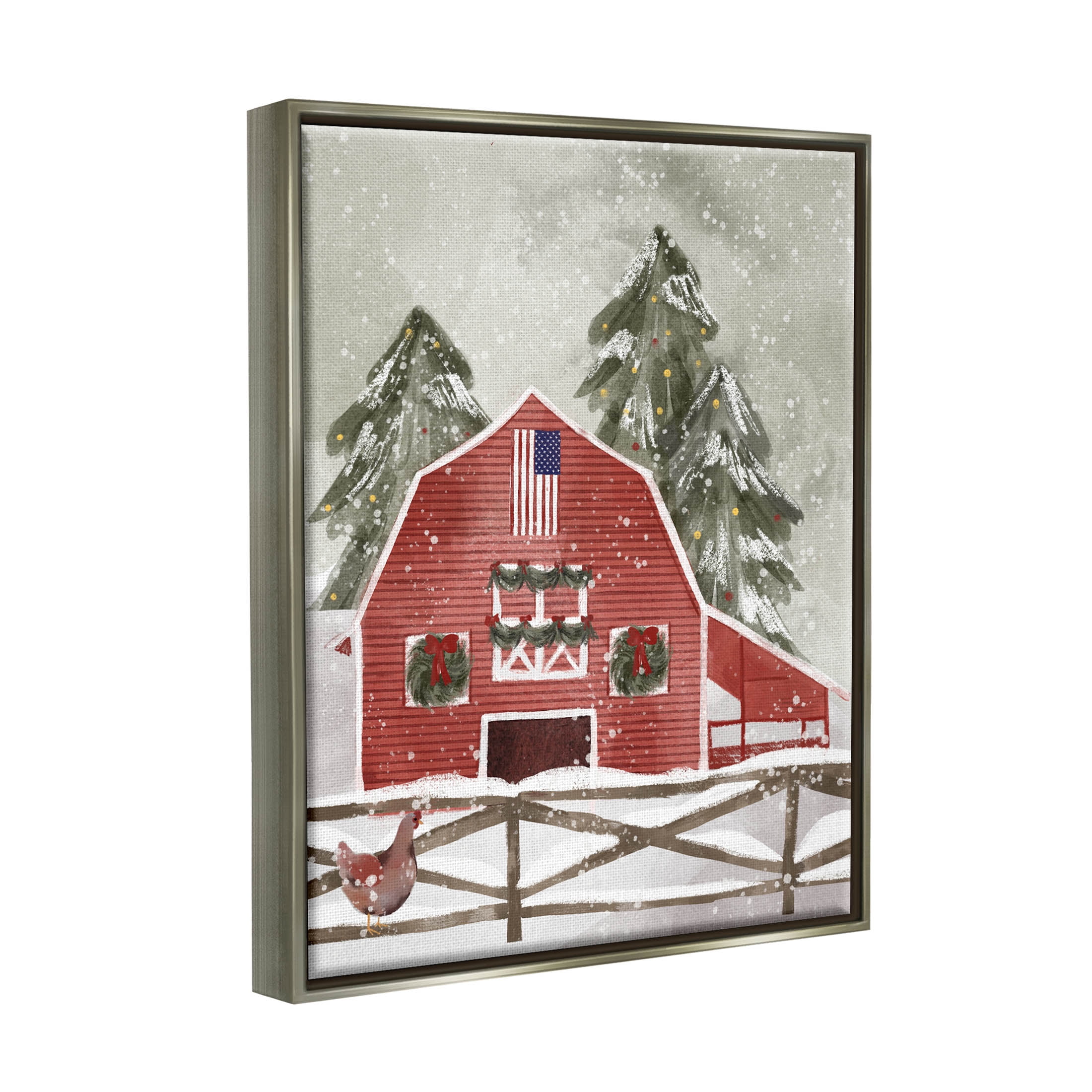 Snowy Country Barn American Flag Holiday Graphic Art Luster Gray Framed Art Print Wall Art