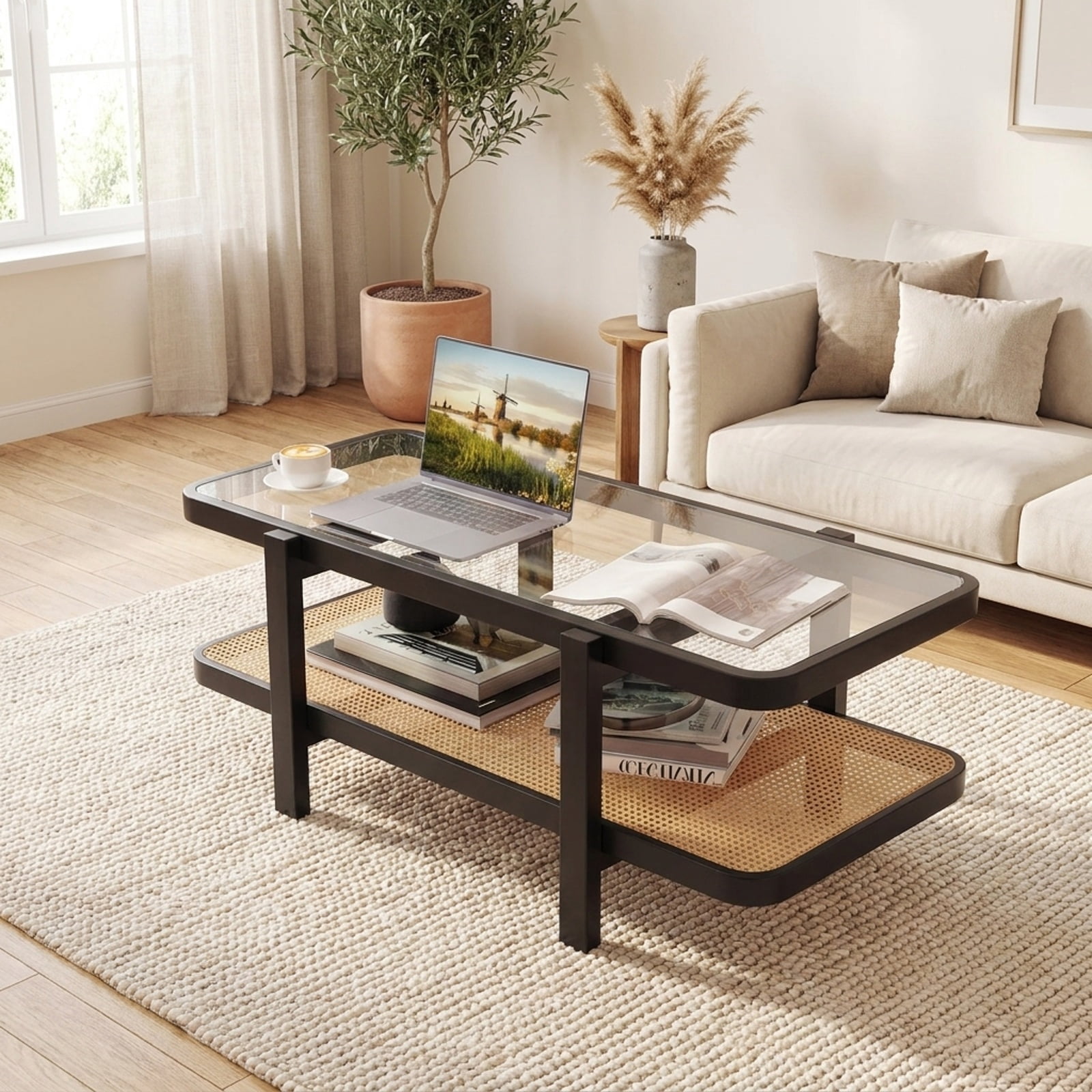 Furnibear 2 Tier Coffee Table with Acacia Wood Frame Tempered Glass Tabletop and Rattan Storage Shelf for Living Room, Brown