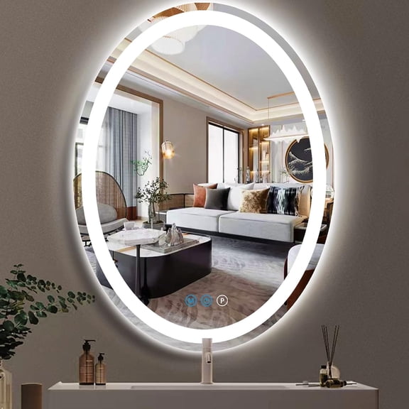 28 x 36 Inch Oval LED Mirror for Bathroom Salon Wall Oval Lighted Vanity Mirror with Lights Antifog 3 Color Adjustable Brightness Frontlight 36" Bathroom Ovals Smart Light up Mirrors