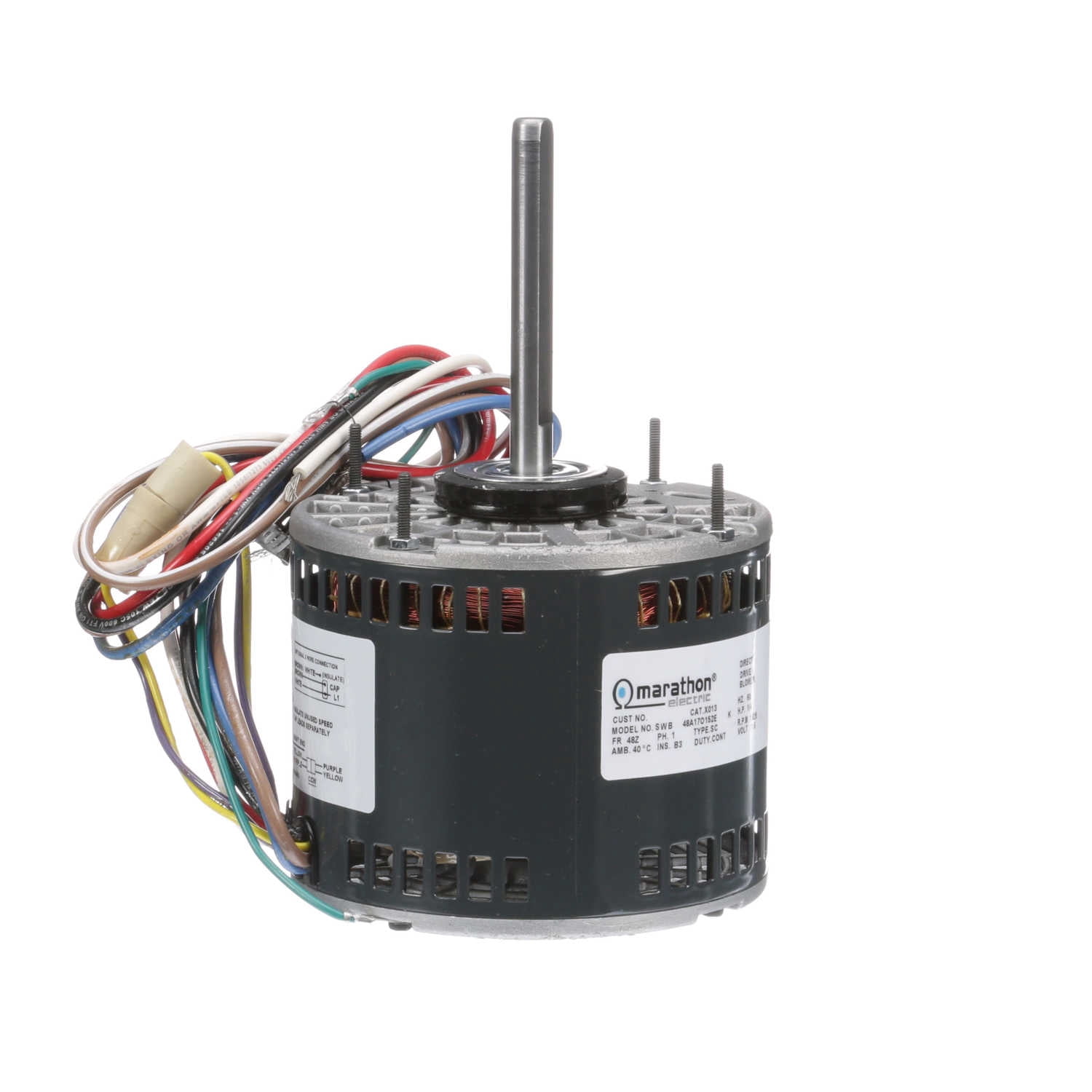 Marathon X013 48Y Frame Open Air Over 48A17O152 Direct Drive Motor 1/4 hp, 1625 rpm, 115 VAC, 1 Phase, 3 Speeds, Ball Bearing, Permanent Split Capacitor, Thru-Bolt