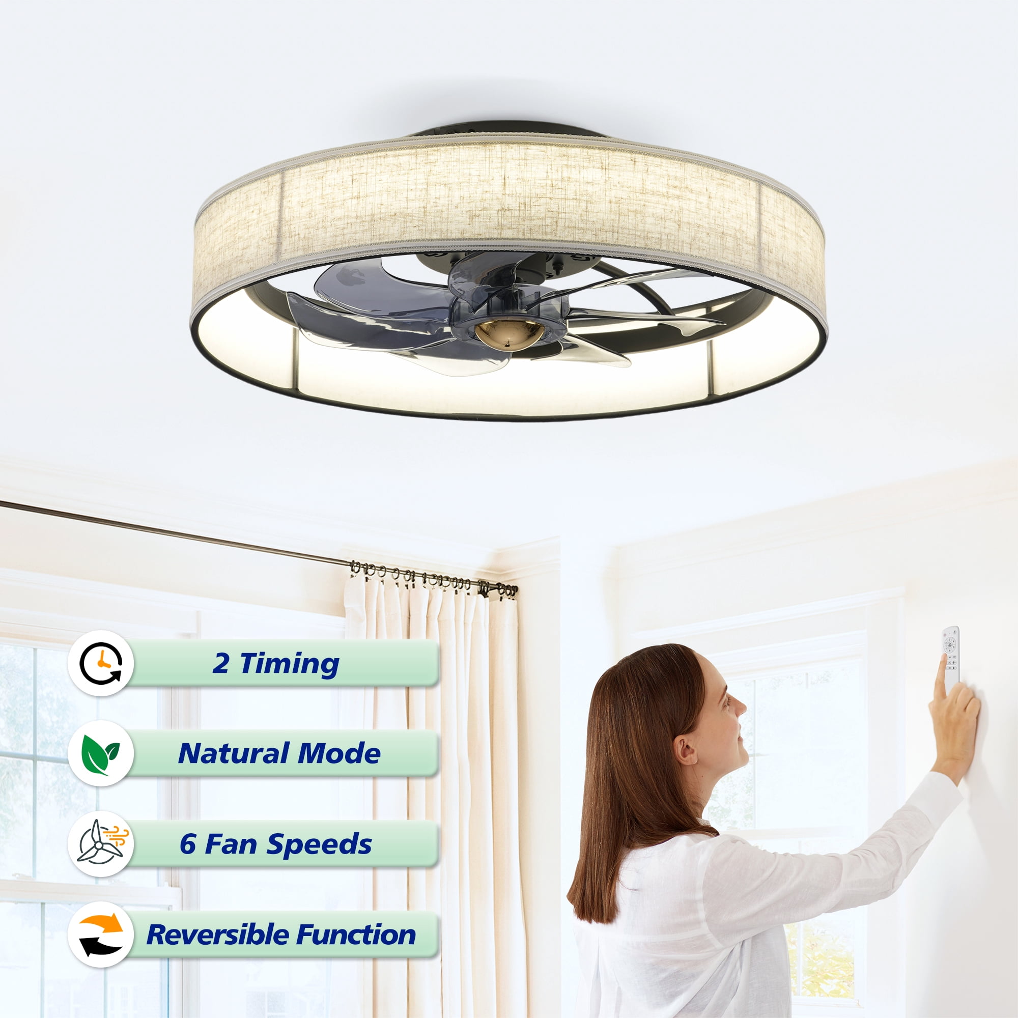 Leumius 20" Fabric Farmhouse 7 Blades Ceiling fan with Light and Remote Control, Quiet DC Motor Ceiling Fan for Living Room Bedroom Kitchen