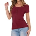 thumbnail image 3 of Women'S Spring Summer Short Sleeve Tops Ribbed Knit Henley Button Up Slim Fit Basic Casual T Shirts Blouse Wine Red XL, 3 of 9