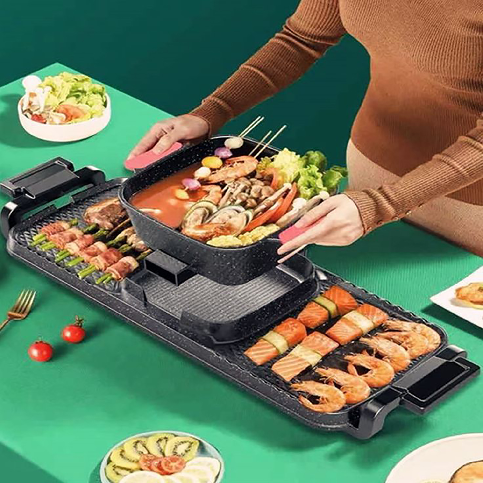 KFFKFF 2-in-1 Electric Grill & Hot Pot - Dual Temperature Control, Non-Stick Teppanyaki & Shabu Shabu Cooker