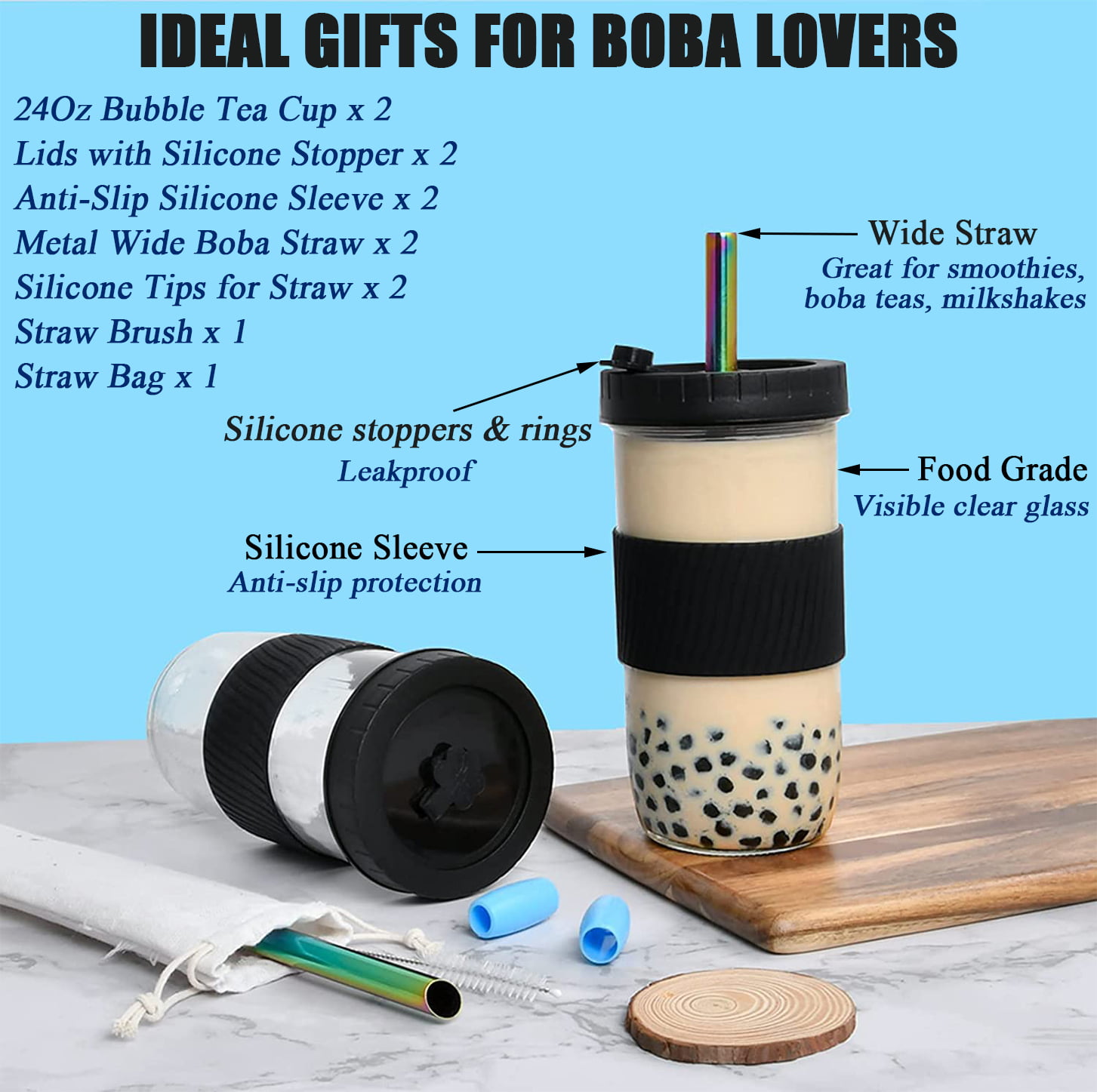 Reusable Boba Cup Bubble Tea Cup 2 Pack, 24Oz Wide Mouth Smoothie Cups with  Lid, Silicone