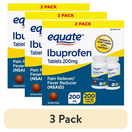 (3 pack) Equate Ibuprofen Tablets, 200 mg, Pain Reliever and Fever Reducer, 200 Count (2x100 Count), Compare to Advil® Tablets Active Ingredient
