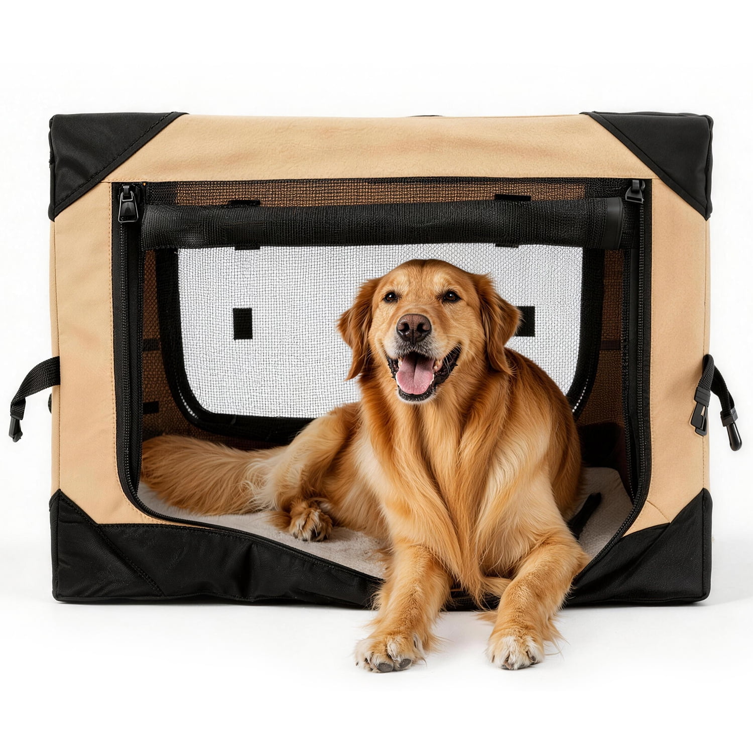 Petsee Portable Dog Crate with Sturdy Frame, Waterproof Fabric, and Durable Mesh, Collapsible Soft Crate for Home, Car, and Travel, Beige