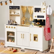 Tiny Land Wooden Play Kitchen for Kids with Chef Hat & Apron, Pretend Kitchen Set with Ice Maker, Coffee Maker & Microwave, Ages 3+