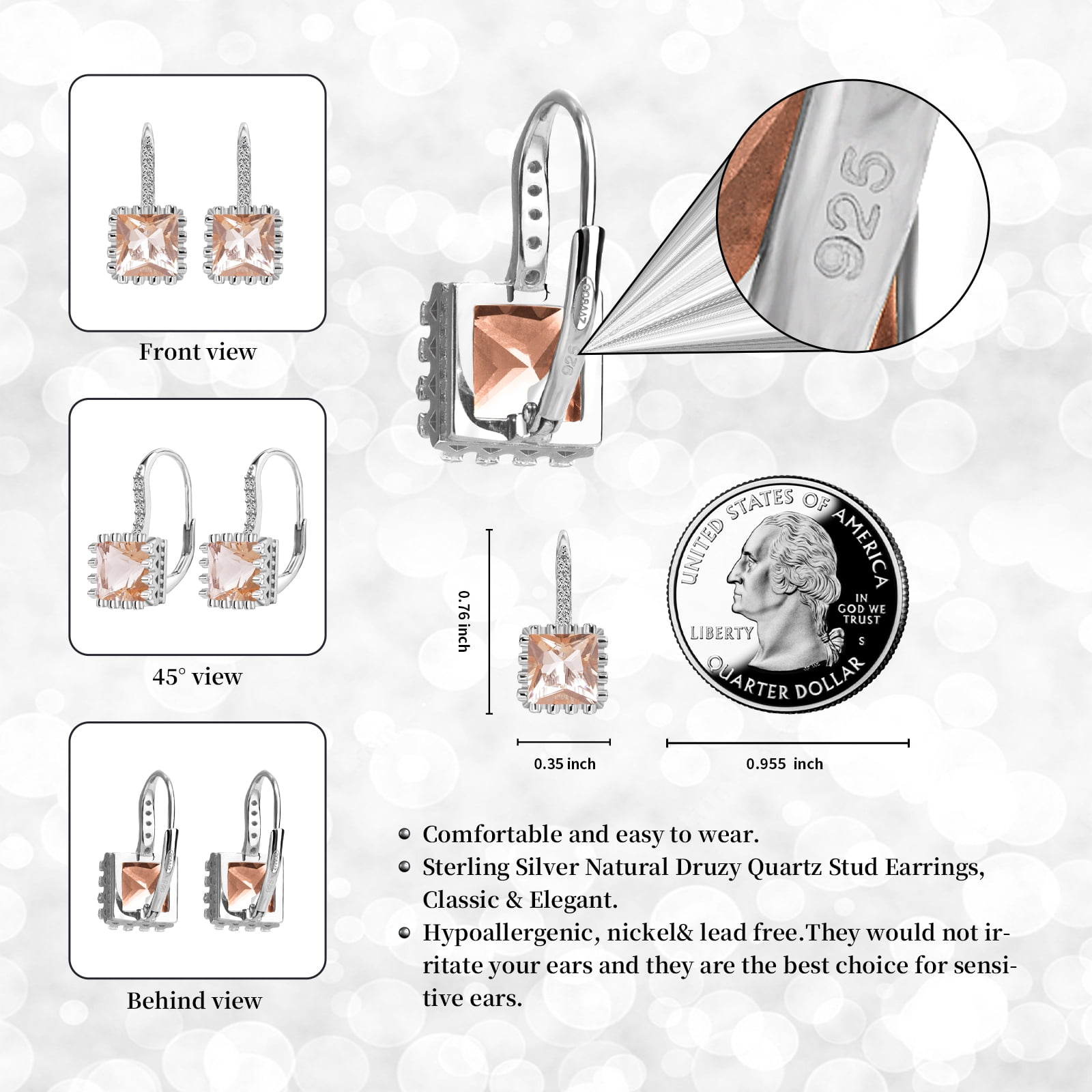 925 Sterling Silver Lever Back Earrings with Princess Cut Cubic Zirconia for Women