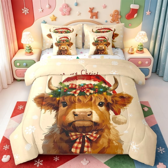 Manfei Western Xmas Festive 7-Piece Twin Bedding,Cute Christmas Highland Cattle Bedding Comforter Set,Xmas Reversible