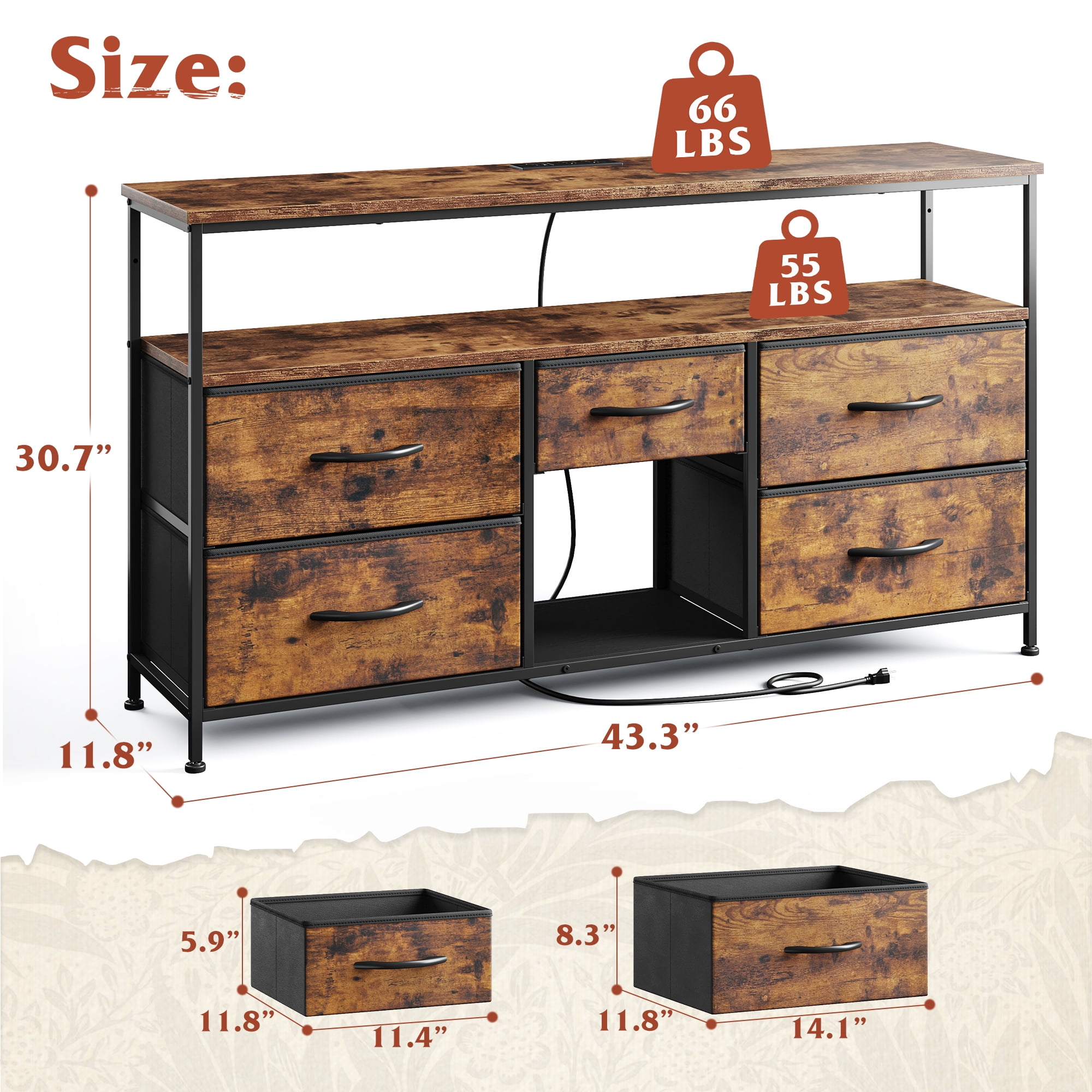 EnHomee 5 Drawers Dresser TV Stand for 50"Inch TV,Wide Dressers for Bedroom with LED Lights & Power Outlets,Rustic Brown