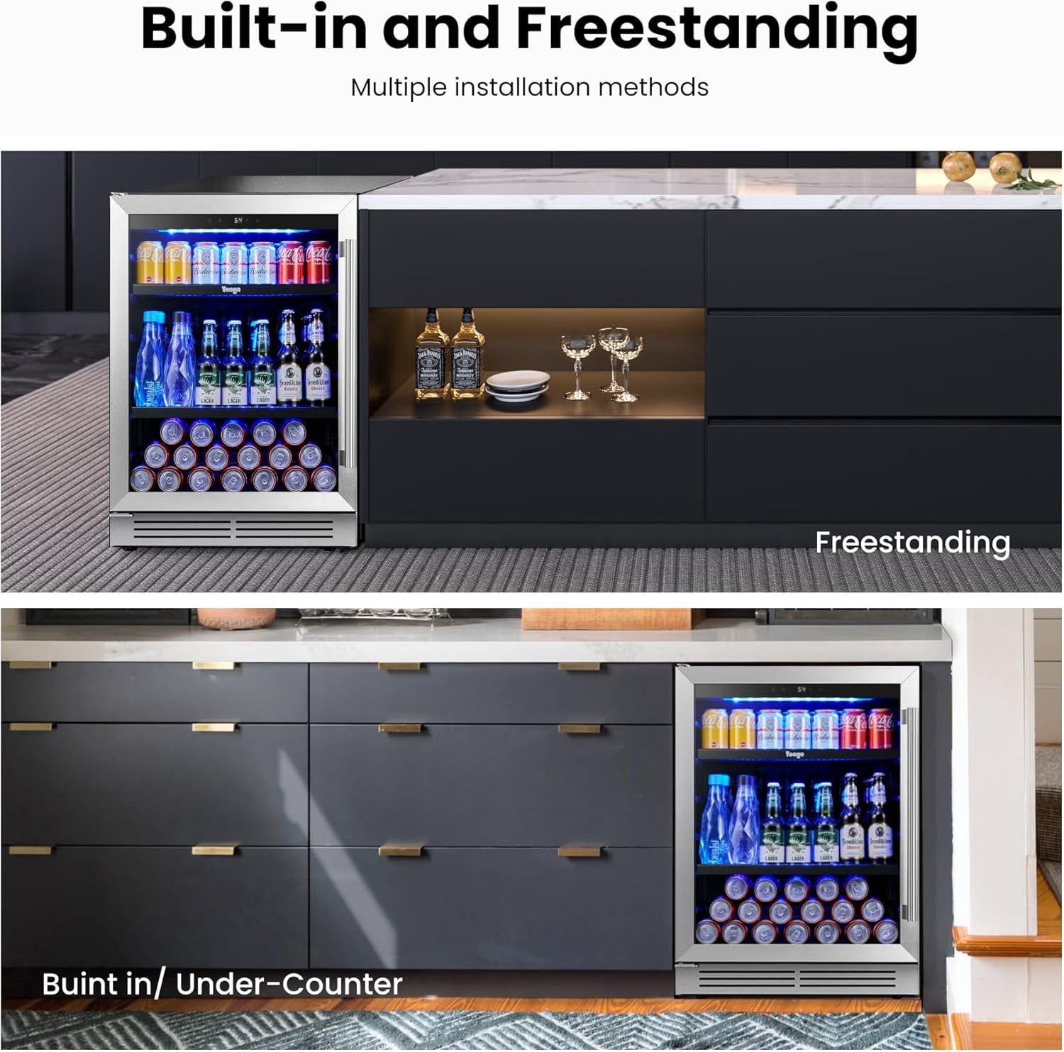 Yeego 24 Inch Beverage Refrigerator Cooler, 180 Cans Drinks Beer Soda Wine Fridge with Glass Door, Built in or Freestanding Home Bar Office