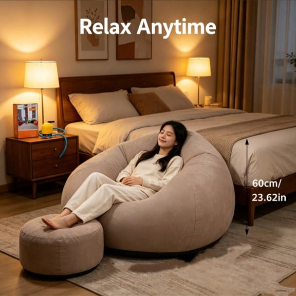 Inflatable Lazy Sofa Chair, Flocked Air Bean Bag Chair, Foldable Comfort Recliner, Indoor Outdoor Single Leisure Seat for Living Room Camping