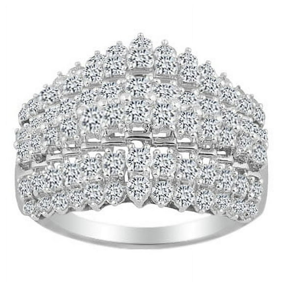 AFFY Round Cut White Natural Diamond Three Row Cocktail Ring In 10k Solid White Gold (2 cttw)