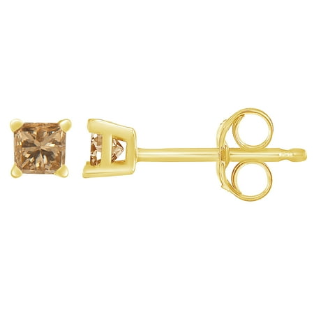 Gold Champagne Diamond Earrings - 14K Yellow Gold 0.4 ct Princess Diamond Solitaire Stud Earrings (Champagne, I2-I3)