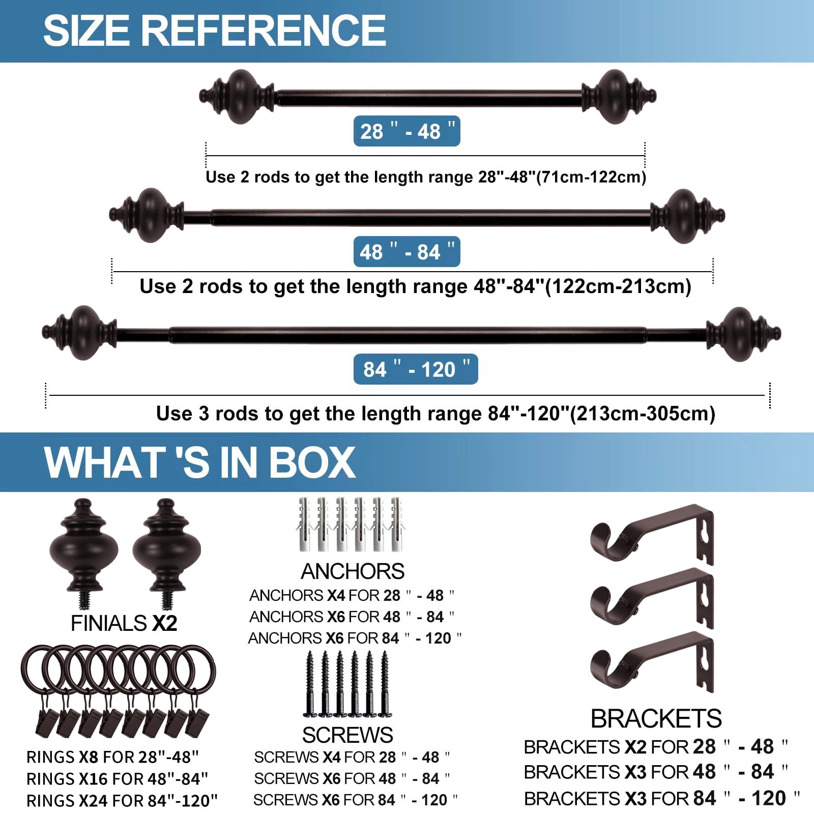 Urbanest Round Urn Curtain Rod Set With 24 Rings, 5/8", 84"-120", Bronze