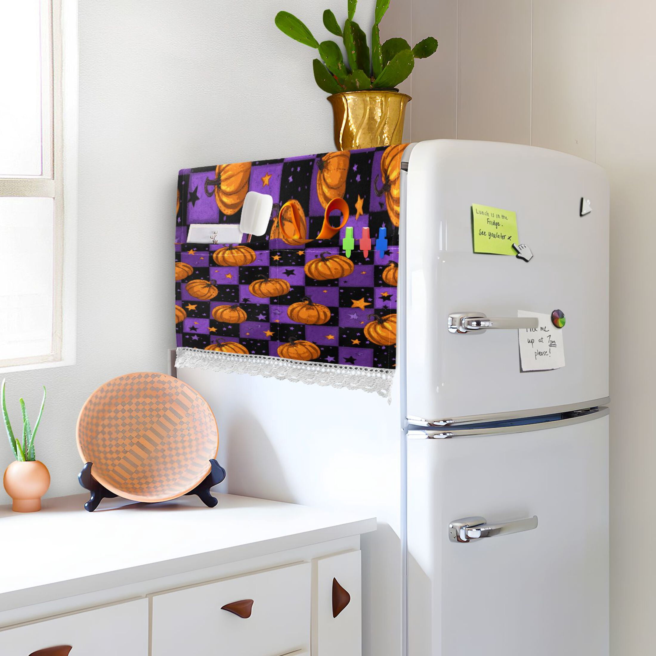 Dustproof Washing Machine Cloth Washer and Dryer Top Covers, Fridge Dust Cover, With Storage Bags Pumpkins and Stars