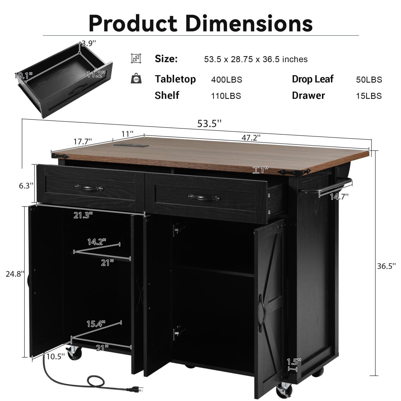 Kitchen Island with Drop Leaf and Power Outlets, Portable Rolling Kitchen Cart  with Large Storage Cabinets & Adjustable Shelf, 47.2'' Island Table with Spice Rack & Towel Rack, Black