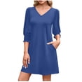 thumbnail image 2 of QUNYINEY Puff 3/4 Sleeve Women's Dresses Blue A-Line Mini Dresses with Pockets Summer Loose Fit V-Neck Dresses, 2 of 6