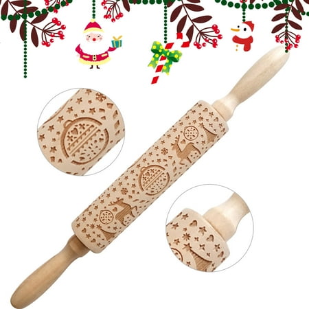 

Christmas Wooden Rolling Pin 3d Embossed Engraved With Motifs Used For Baking Biscuits