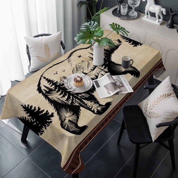 Brown Black Bear Table Cloth Waterproof Tablecloths, Farmhouse Cabin Forest Vintage Tablecloth Dining Table Cover for Kitchen Party Tabletop Outdoor, Rectangle Tablecloth 54x108 Inch