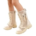 thumbnail image 4 of YMUQEIGH Girls Leather Riding Knee High Boots with Side Zipper Fashion Round Toe Comfortable Low Heel Lace Up Combat Boots Lug Sole Motorcycle Boots Little Kid/Big Kid, 4 of 7