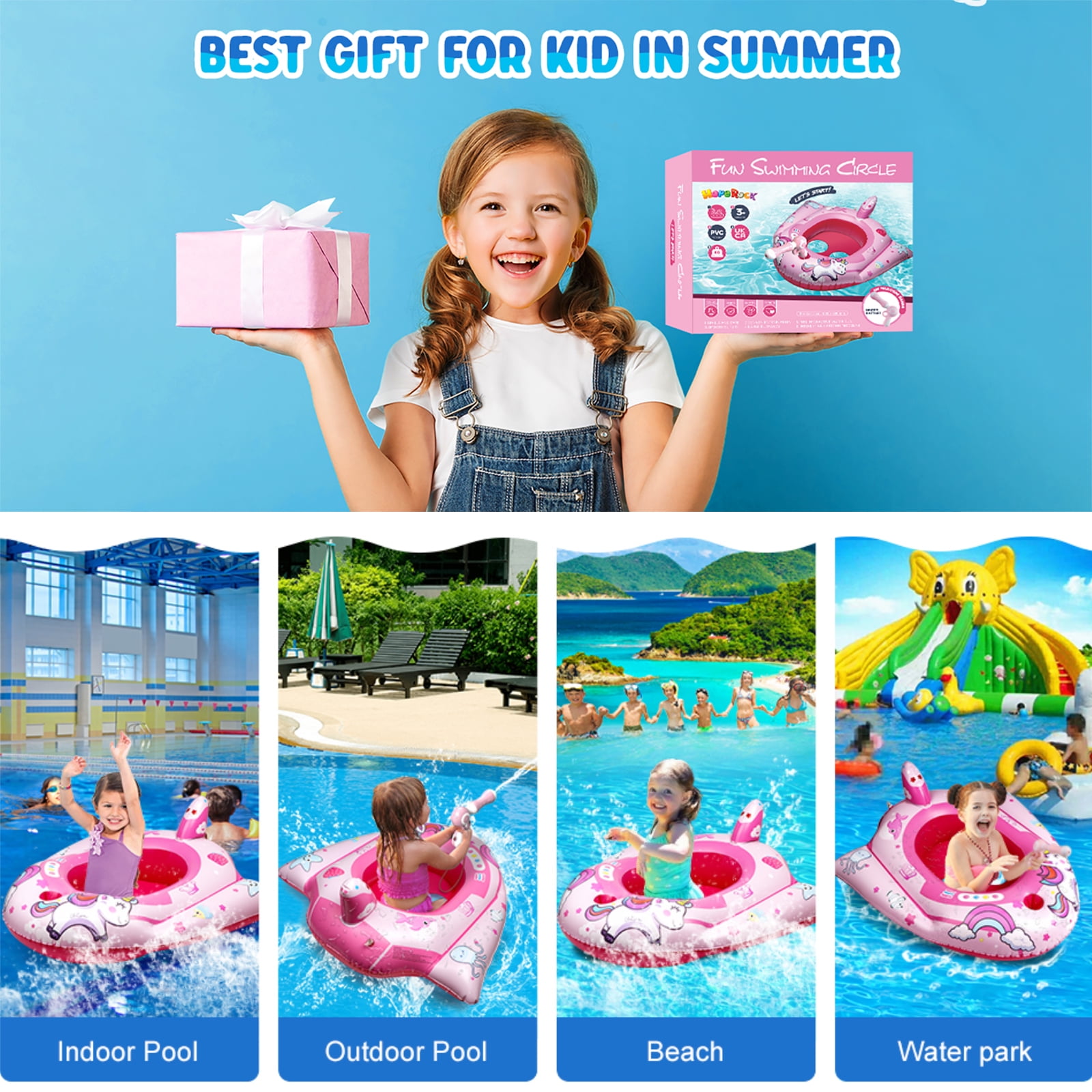Hot Bee Kids Pool Float with Water Squirt Gun, Inflatable Pool Toys for Toddlers, Ride-on Unicorn Swimming Pool Toys, Outdoor Toys for Boys and Girls for Aged 3-8 Years