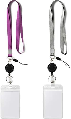 YOUOWO 2 Pack Lanyards with Vertical ID Badge Holders and Retractable Badge Reel with Clips,Office Neck Grey Purple Lanyard Waterproof