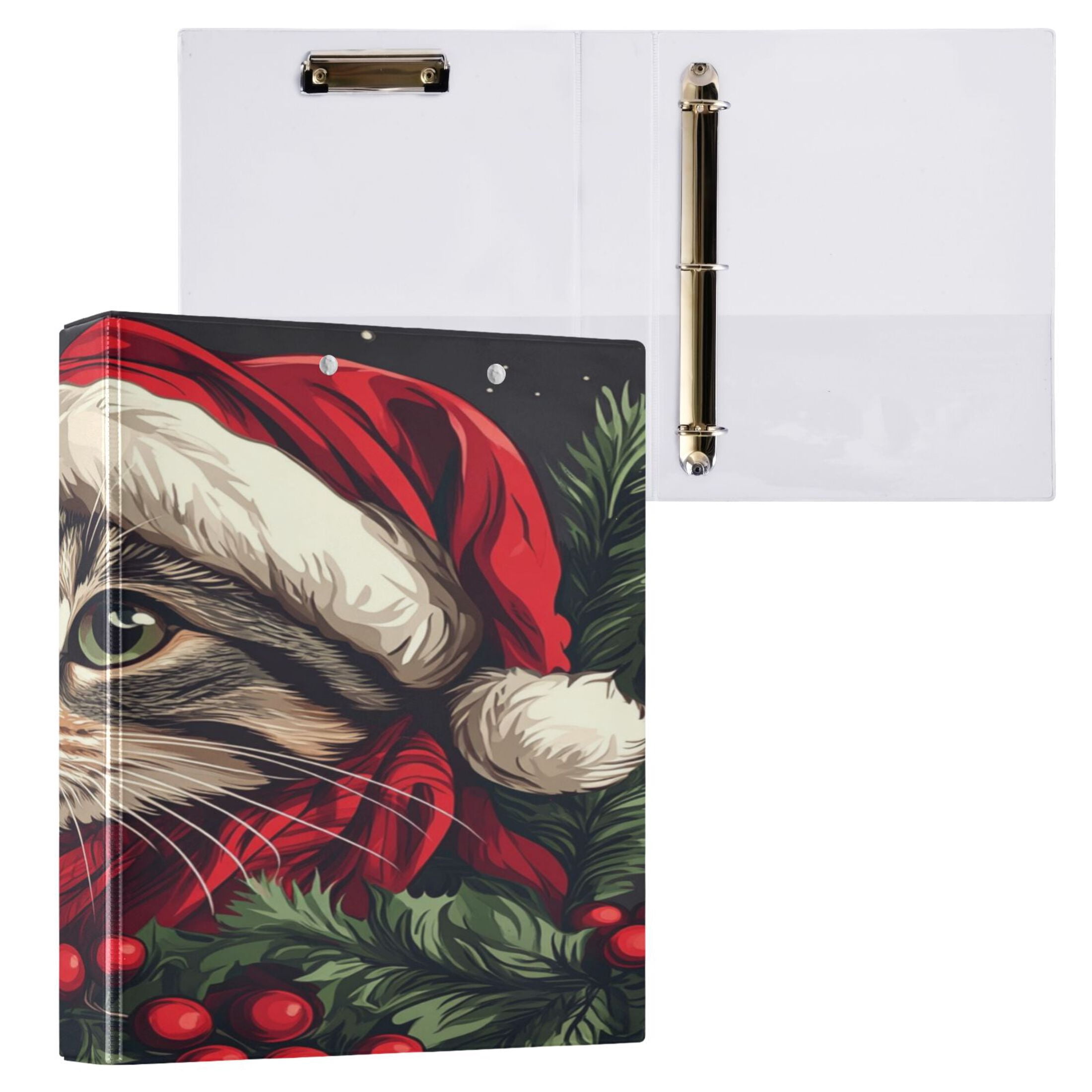 WOBOGO Red Hat Christmas Cat File Folders Extra Large Capacity to Hold 200 Sheets of Documents Hard Shell Ring Binder for School Home Office