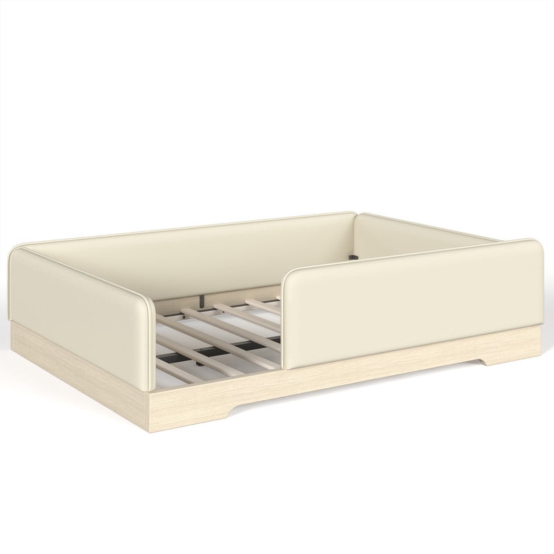 Full Size Faux Leather Upholstered Floor Bed, Kids Montessori Bed Frame with Removable Guardrail, Low Profile Platform Bed