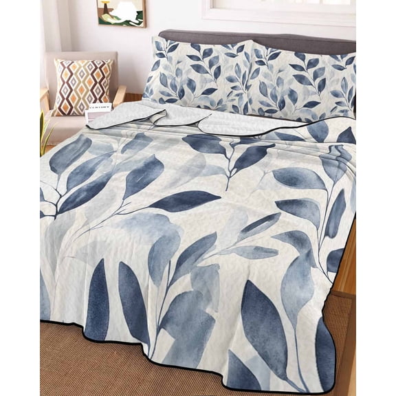 Navy Blue Botanical King Size Down Alternative Comforter, Lightweight Comforter Quilt Bedding Set with Pillow Shams Pastoral Spring Leaves Watercolor All Seasons Bed Comforter Duvet Insert 96"x106"