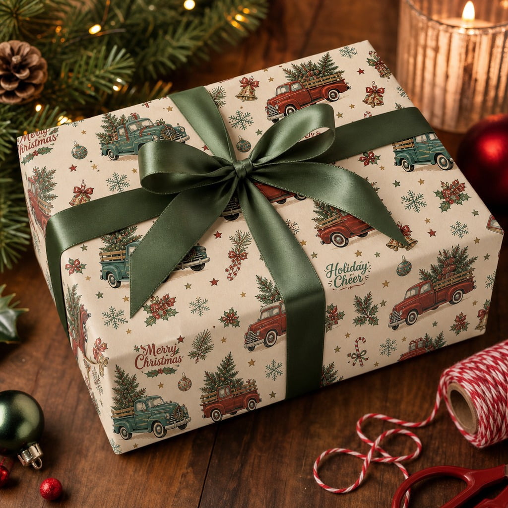 Christmas Wrapping Paper Vintage Holiday Truck Pattern Gift Wrap for Holiday Presents
