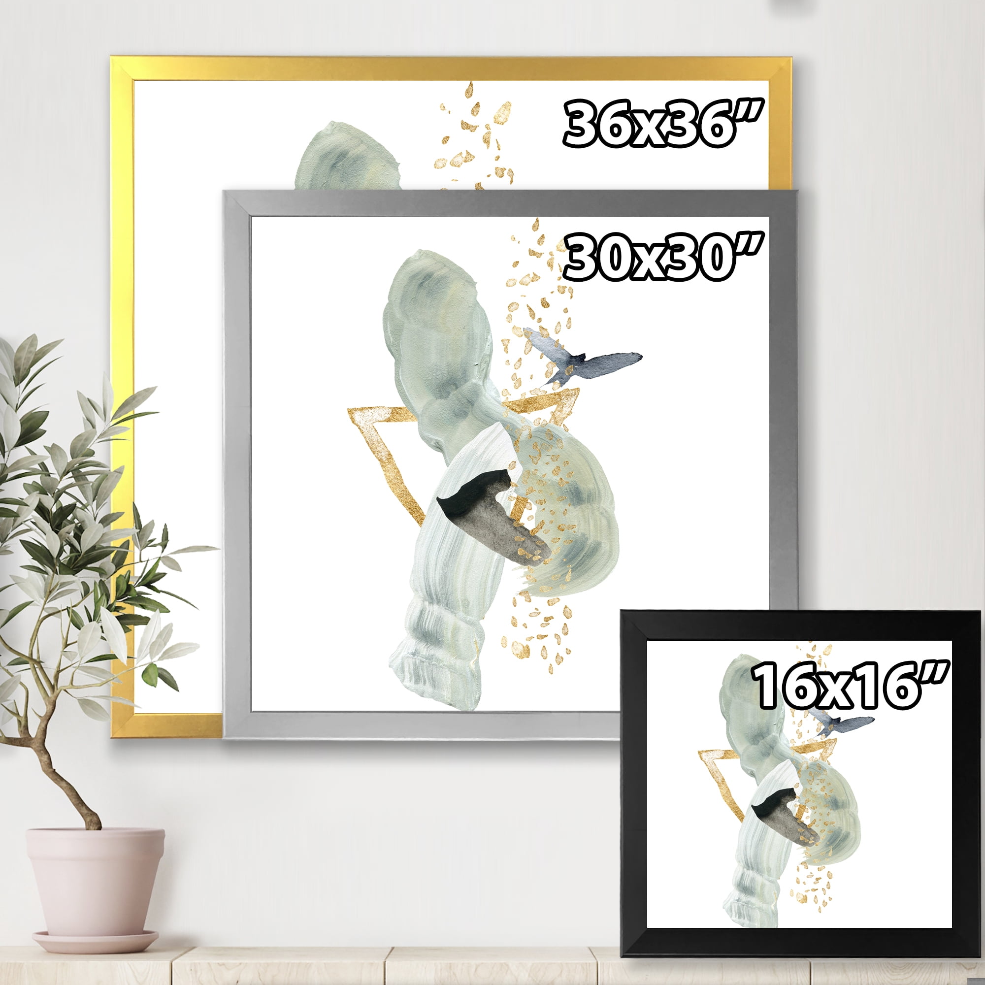 Designart 'Abstract Golden Mountain With Bird and Moon' Modern Framed Art Print