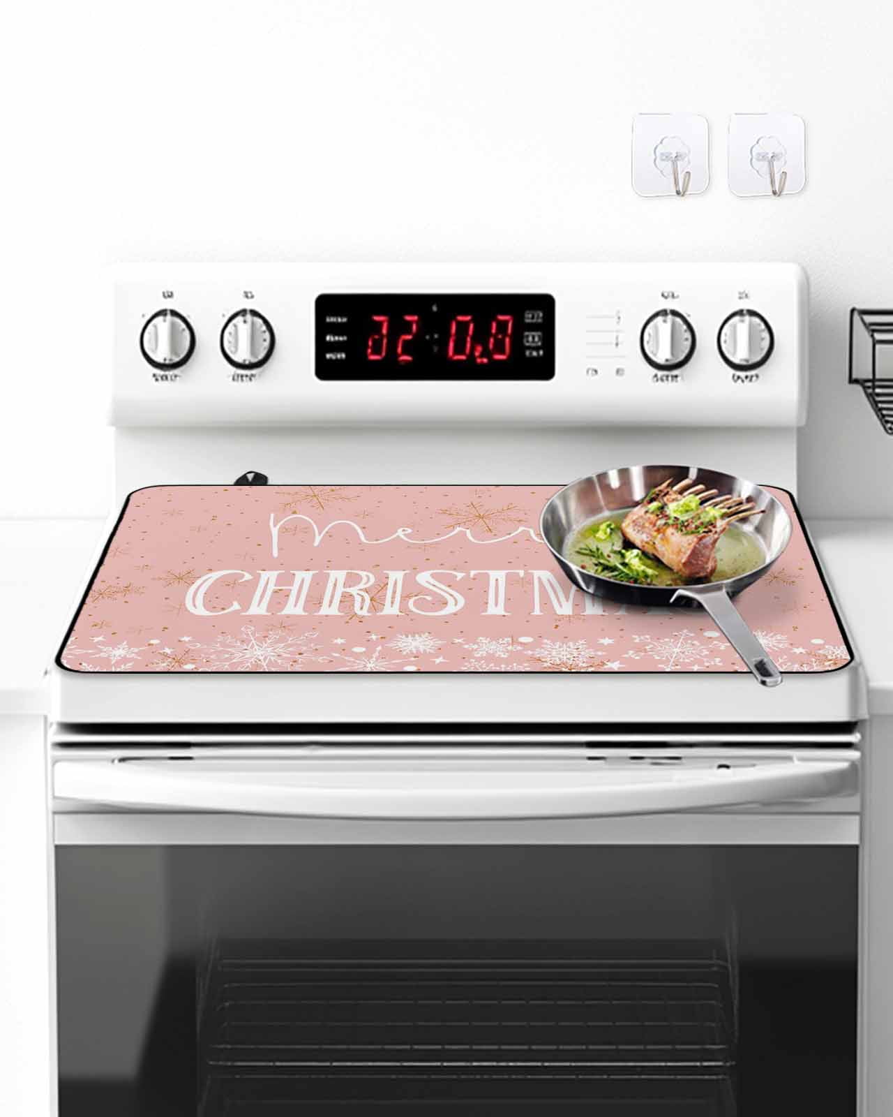 Stove Top Covers for Electric Stove, Pink Merry Christmas Kitchen Glass Ceramic Electric Cooktop Covers 28.5"x20.5", Xmas Winter Snowflake Yellow Pink HeatResistant Oven/Countertop Protector