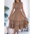 thumbnail image 4 of Women'S Ruffle Trim Flutter Sleeve Midi Dress Pleated Crew Neck Tiered Smocked Flowy Dresses Khaki S, 4 of 10