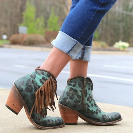 

Women Ankle Boots High Heel Zip up Pointed Toe Leopard Print Booties Tassel Shoes 39