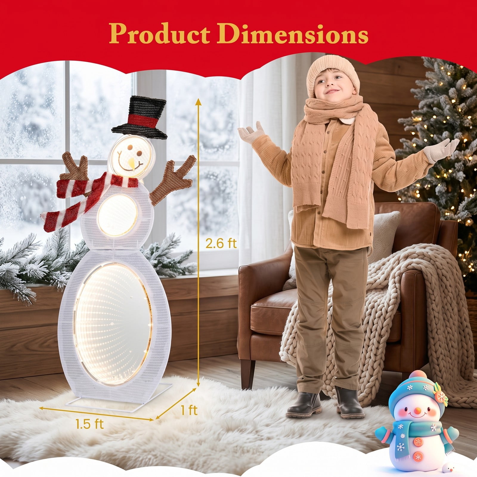 RUIE 2.6 Feet Lighted Snowman Christmas Decoration with 105 LED Lights and Metal Stand for Outdoor Yard Porch Holiday Display, Multicolor