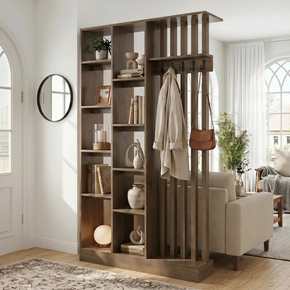Finmind 70.9" Freestanding Room Divider with Shelves & Coat Hooks, Open Bookcase Partition