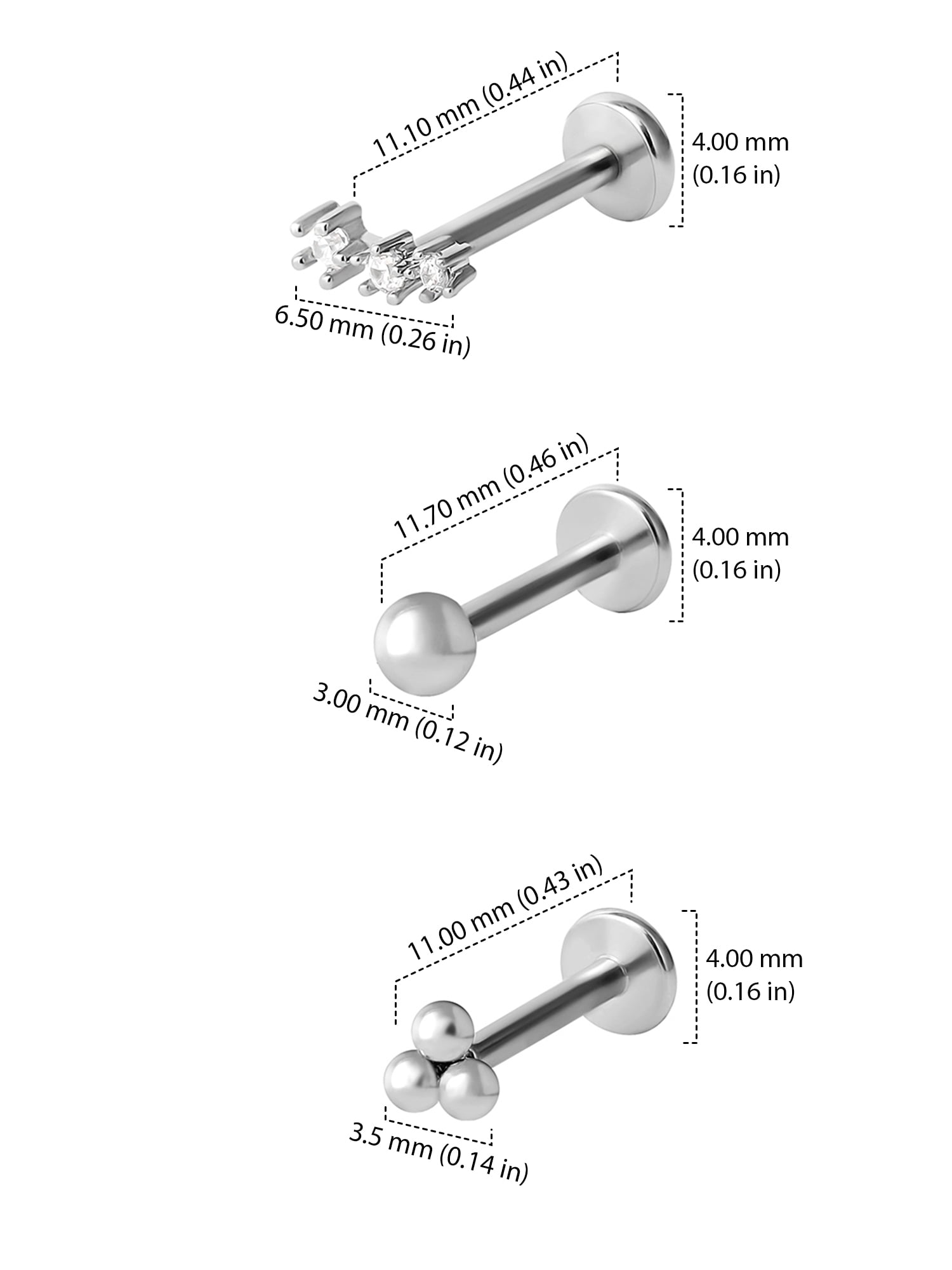 No Boundaries Women's CZ Cartilage Stud Pack, Stainless Steel, 3-Piece Set