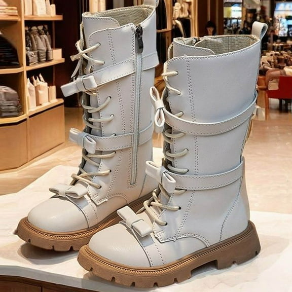 Ovbmpzd Leather Baby Girls Riding Boots Little Kids Chunky Heel Side Zipper Beige Lace Up Knee High Boots Girls Boots Size 6.5